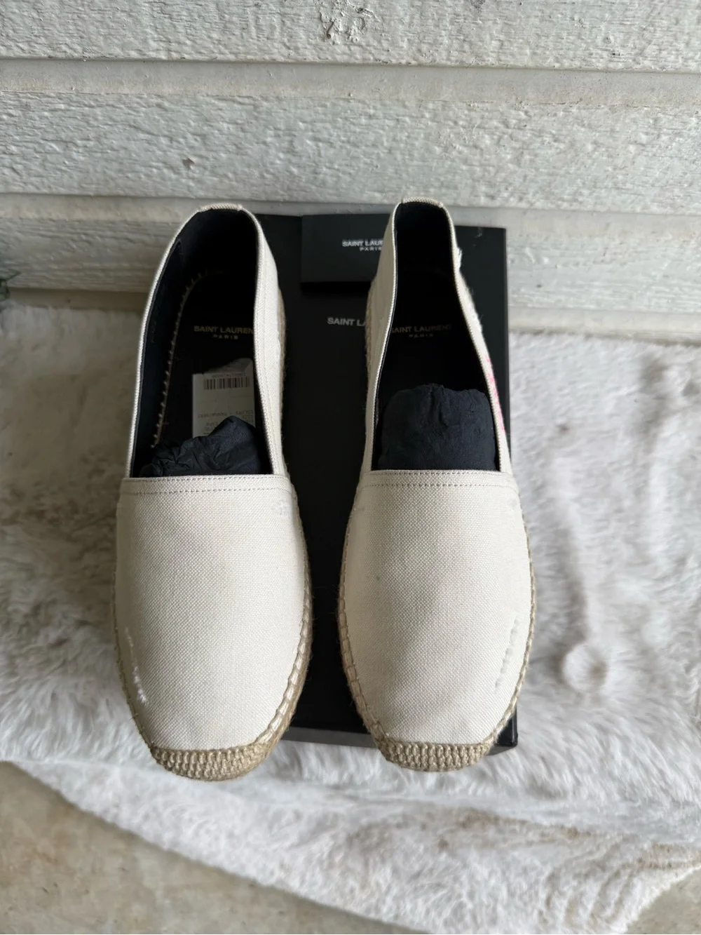 NEW | SAINT LAURENT Canvas Elba Logo Embroidered Espadrilles 39 Panna Flats